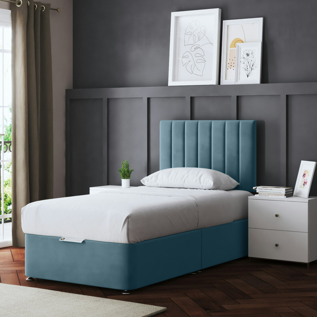 DS Living Upholstered Panel Divan Bed with Headboard Blue Single (3')